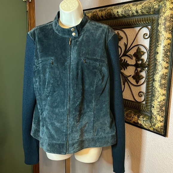 So Stylish Alfani Blue leather suede zip up Jacket Sz XL - Picture 1 of 13